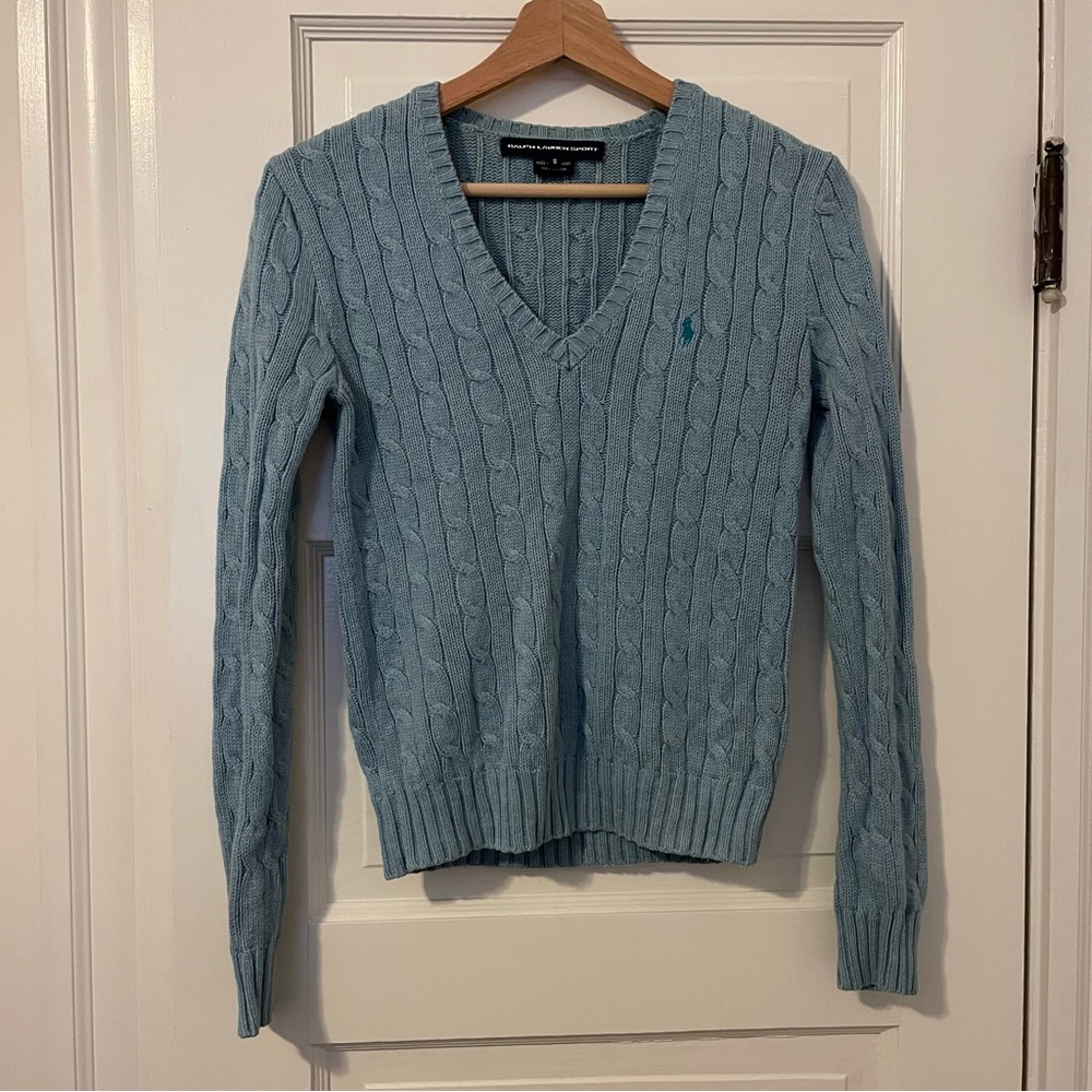 Ralph Lauren Sport Vintage Blue Cable Knit V Neck Sweater Size Small